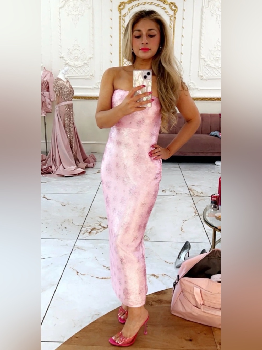 LoveShackFancy Stacia Sequin Dress
Strapless Pink Metallic Midi size 4 - Picture 8 of 14